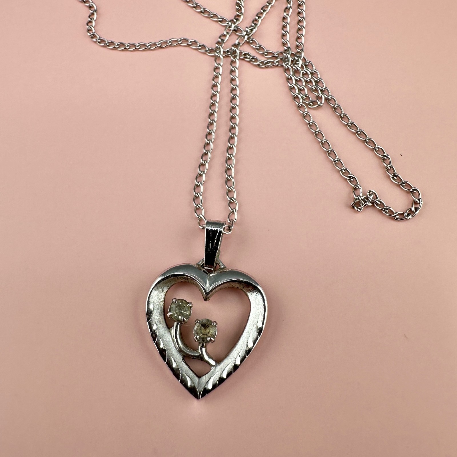Vintage Sterling Silver Rhinestone Heart Pendant Necklace 925 Chain 16″ Signed