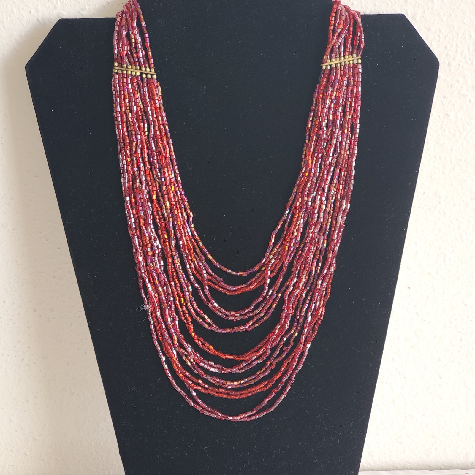 NEW 16 Strand Iridescent Wine Glass Seed Beaded Bib Necklace Costume 16″-18″