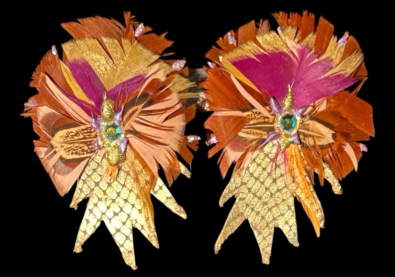 Vintage 80’s Statement Earrings Leather Feather Rhinestone Metallic Clip On Bold