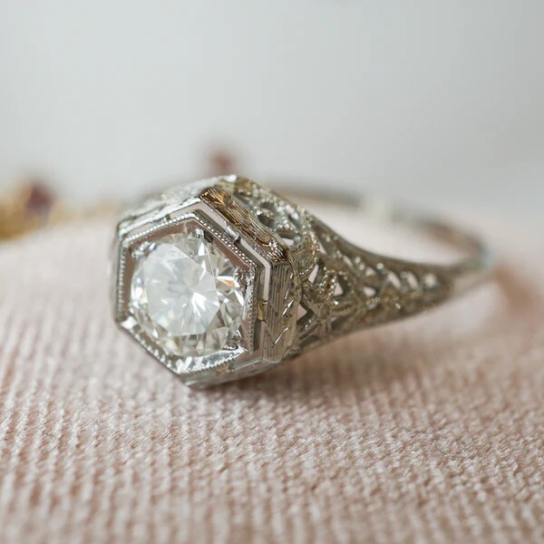 Art Deco Style Round Cut Lab Created Diamond 925 Silver Engagement Filigree Ring