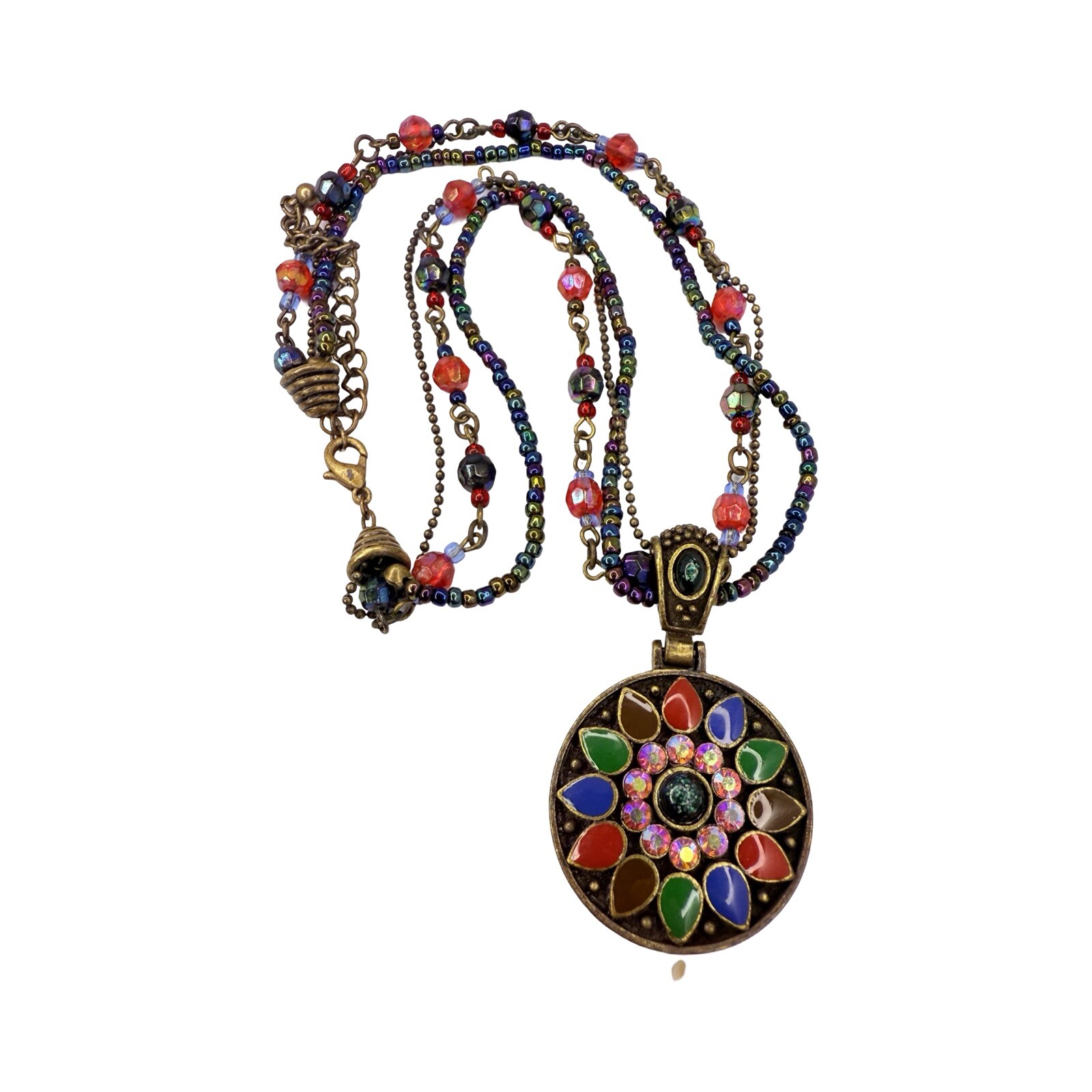 Multicolor Necklace Statement Pendant 19″ Beaded Layered Chain Bohemian