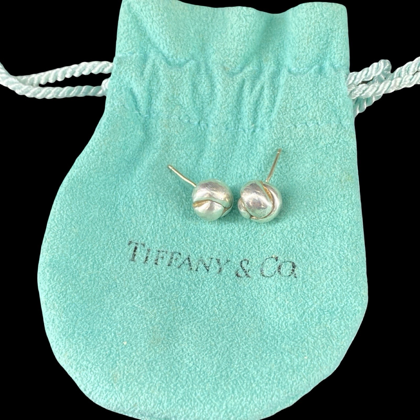 Tiffany & Co 925 Sterling Silver Twist Knot Love Ball Stud Earrings w/ Pouch