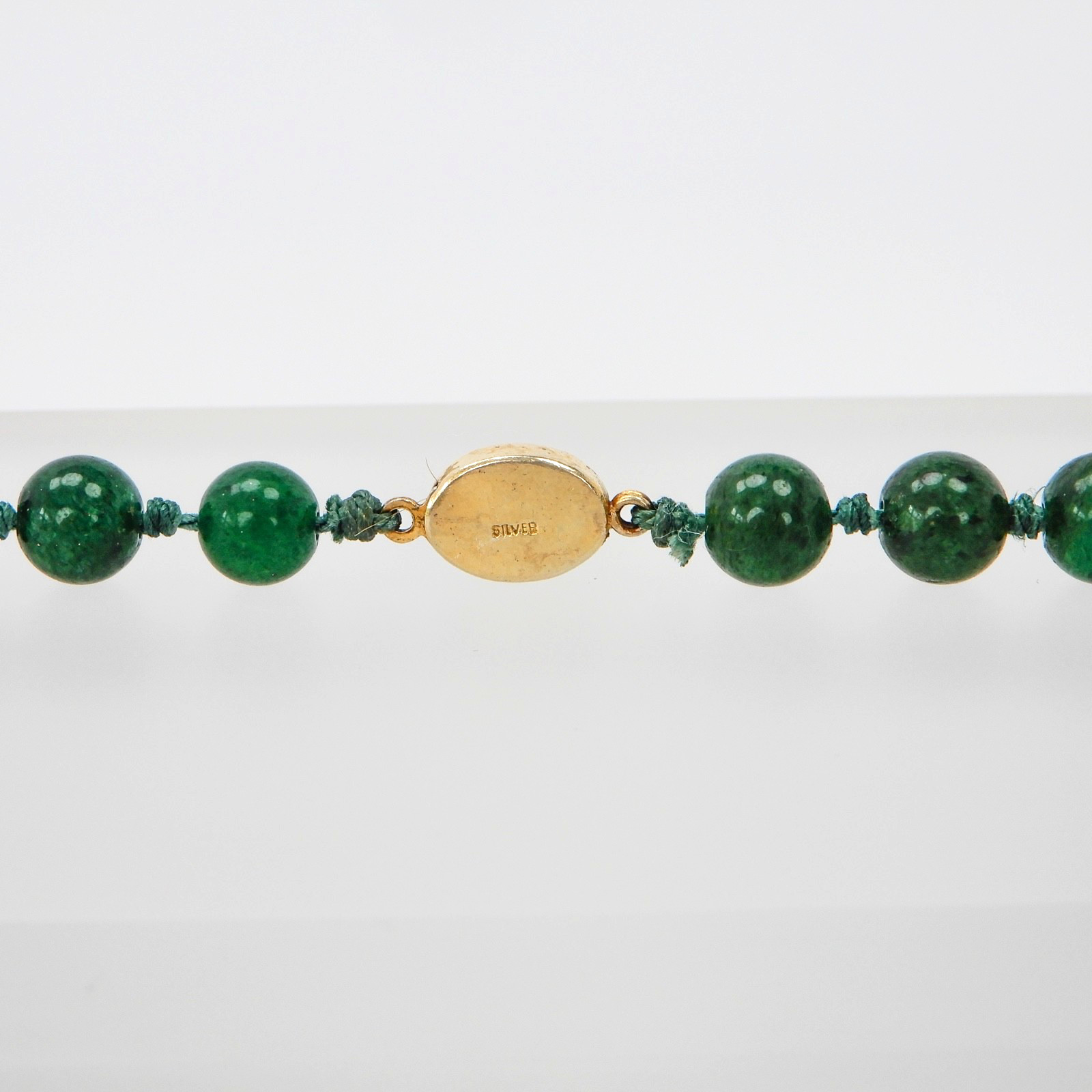 Vintage Green Jade Knotted Graduated Bead Necklace 26” 925 Silver Filigree Clasp