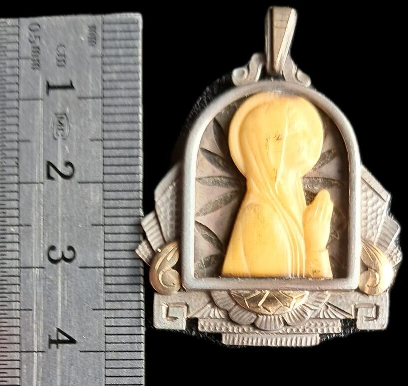 Fine Antique Art Deco Silver & Gold Madonna in Sorrow Virgin Mary Pendant C 1930