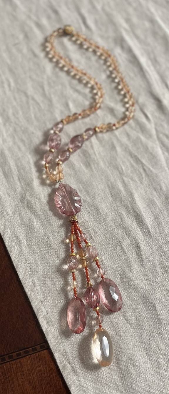Vintage Lucite Faceted Beaded Blush Pink Tassel Necklace