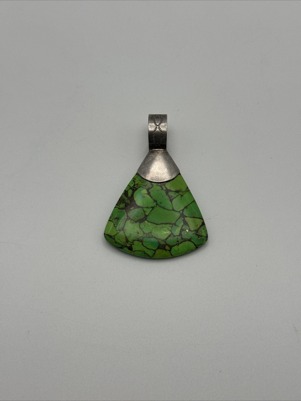 Vintage Sterling Silver w/ Green Stone 2.5″x 1 5/8″ Pendant, 21.4g