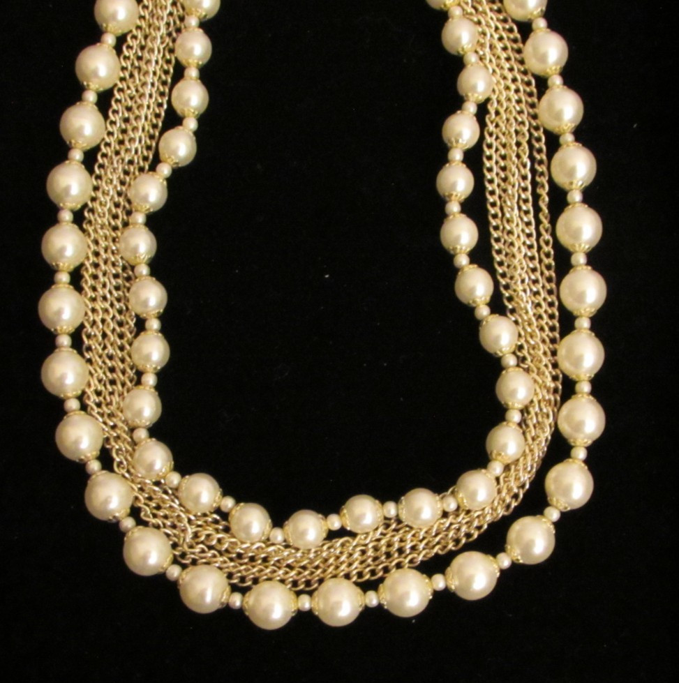 Multi Strand Choker with Faux Pearl Beads and Silver Tone Chains