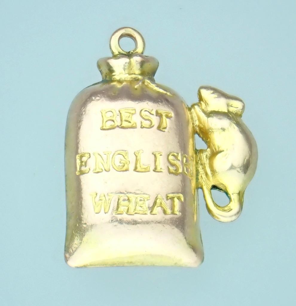 Fun! Antique Victorian Solid 9K Rose Gold Mouse Sack Of Wheat 3D Charm Pendant