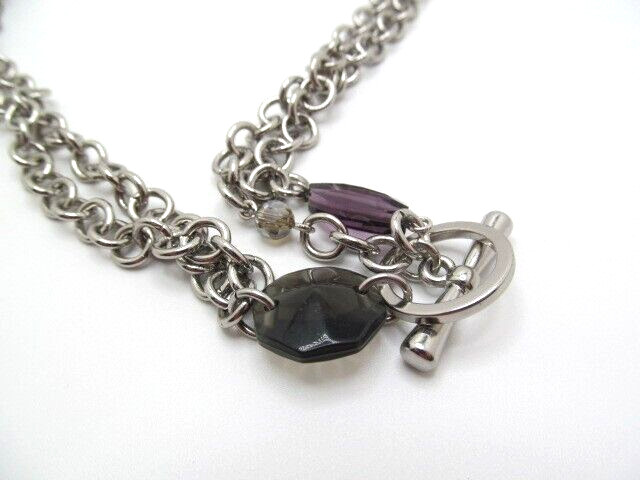 Silver Tone Double Chain Rolo Link Purple Beaded Front Toggle Necklace 19.75 In