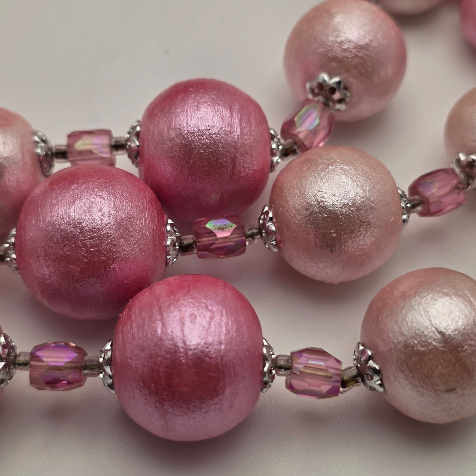 Vintage Japan Pink Faux Pearl Triple Strand Layered Necklace Crystal 17”
