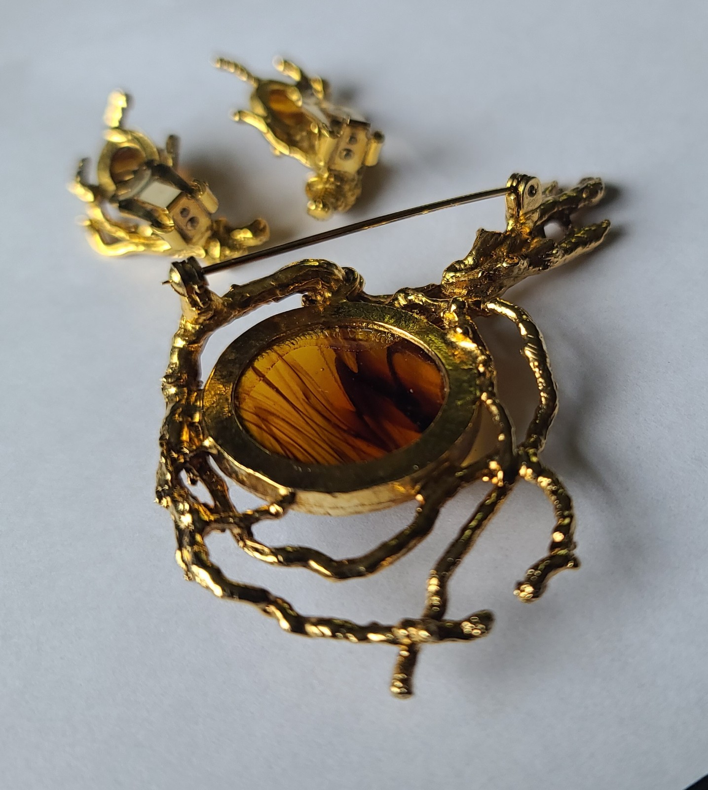 VTG Brutalist Modernist Goldtone Branches Swirl Glass Brooch Pin & Earrings Set