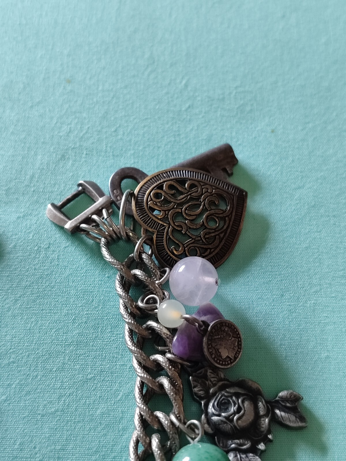Vintage Loaded Dangle Charm Starter Bracelet Silver Plate Pewter Art Glass Stone