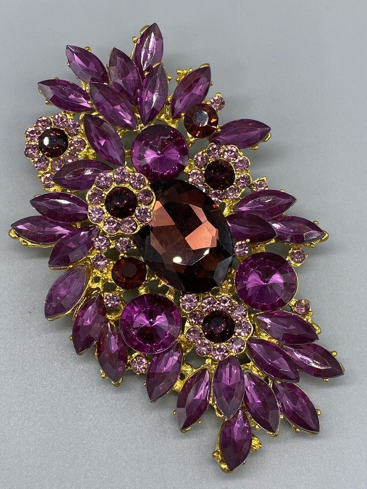 Gold Tone Purple Pink Fuchsia Red Big Rhinestone Large Flower Floral Pin Brooch