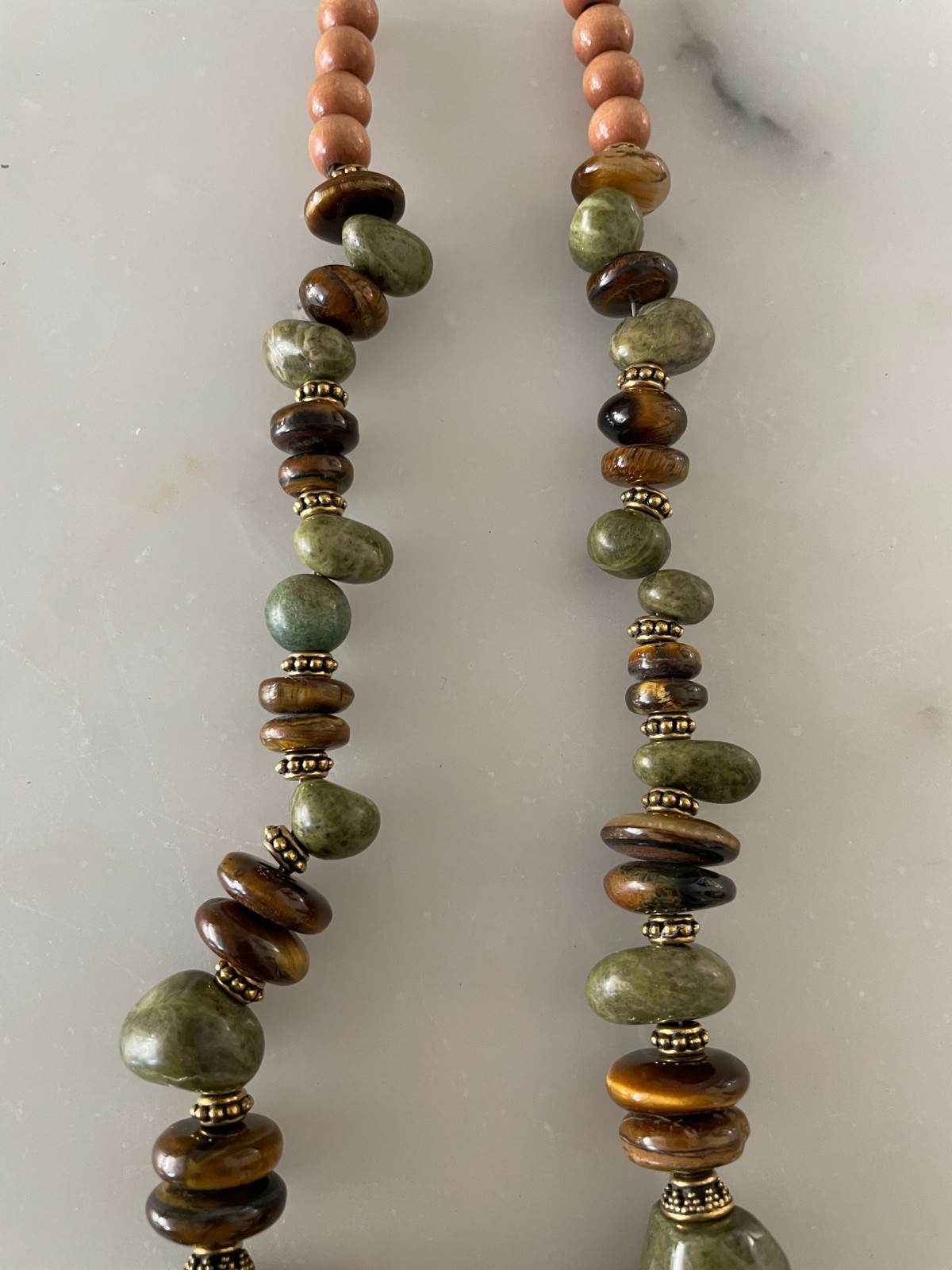 Vintage Nephrite Jade Necklace Nylon String Tigers Eye Filigree Brass Spacers