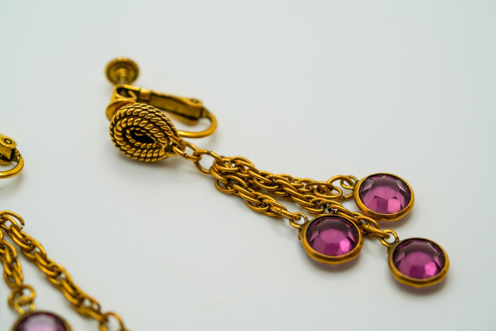 Antique Gold Purple Crystal Dangle Earrings 5.7cm JB1