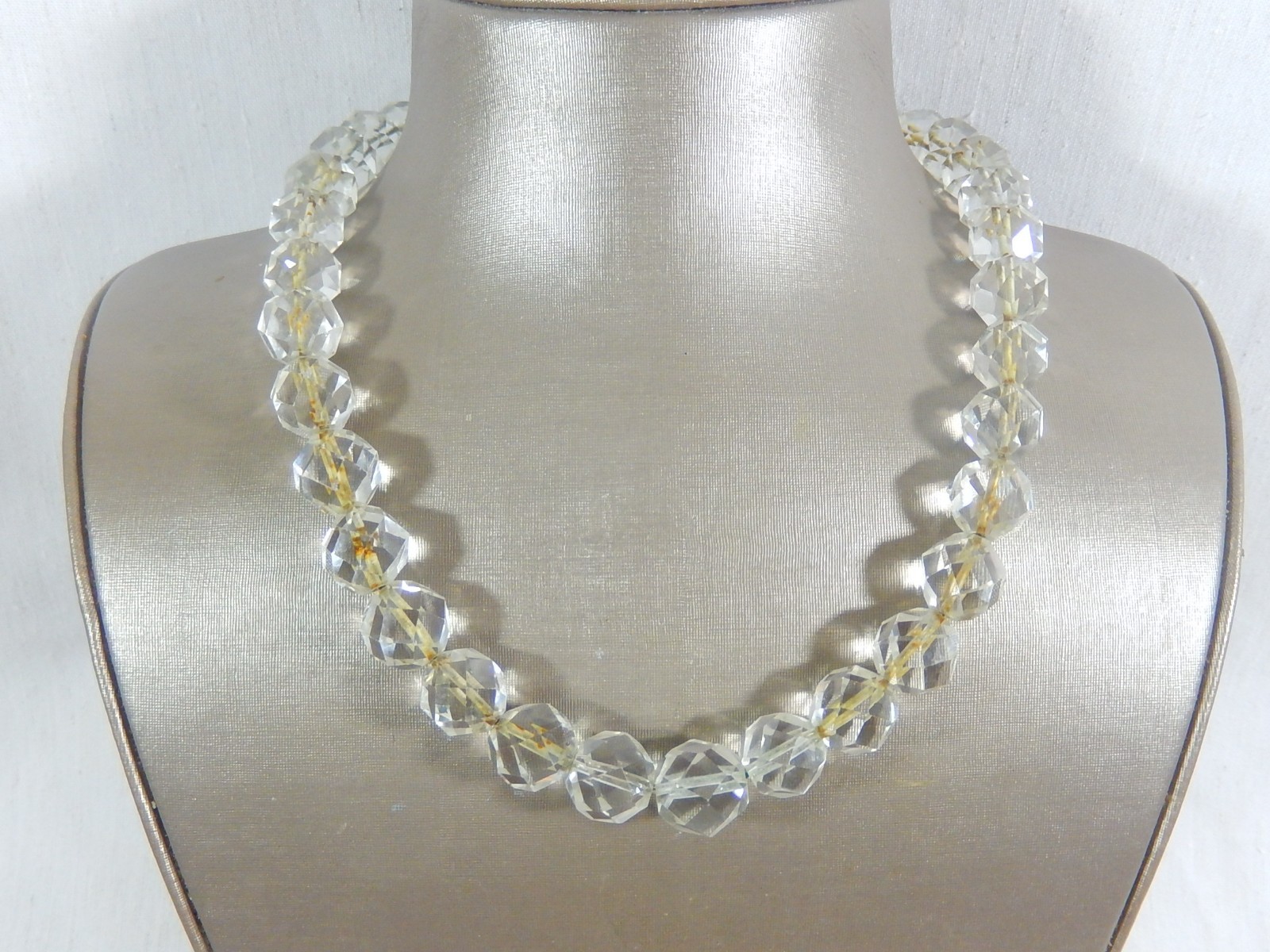 ANTIQUE ART DECO LARGE FACETED QUARTZ ROCK CRYSTAL BEAD STERLING 20″ NECKLACE