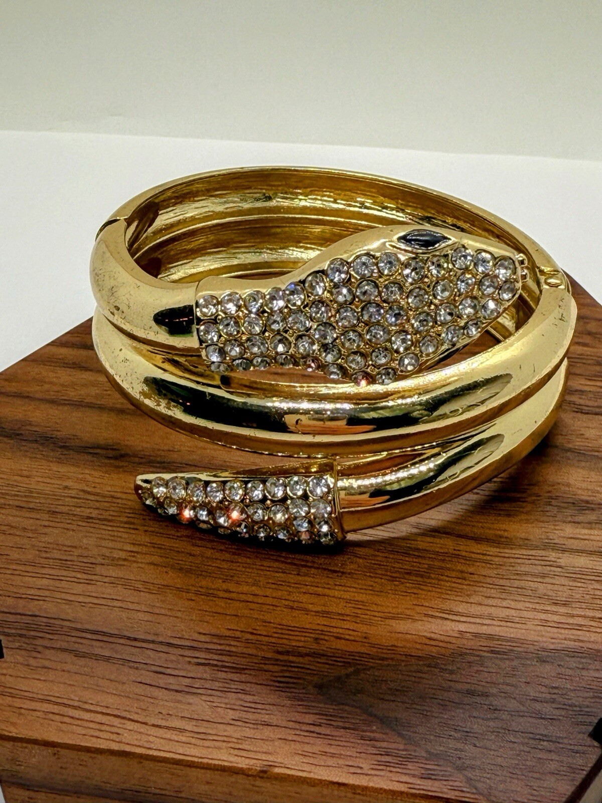 Gold Tone Rhinestone Snake Wraparound Hinge Bracelet – 2 3/8 Inch Inner D
