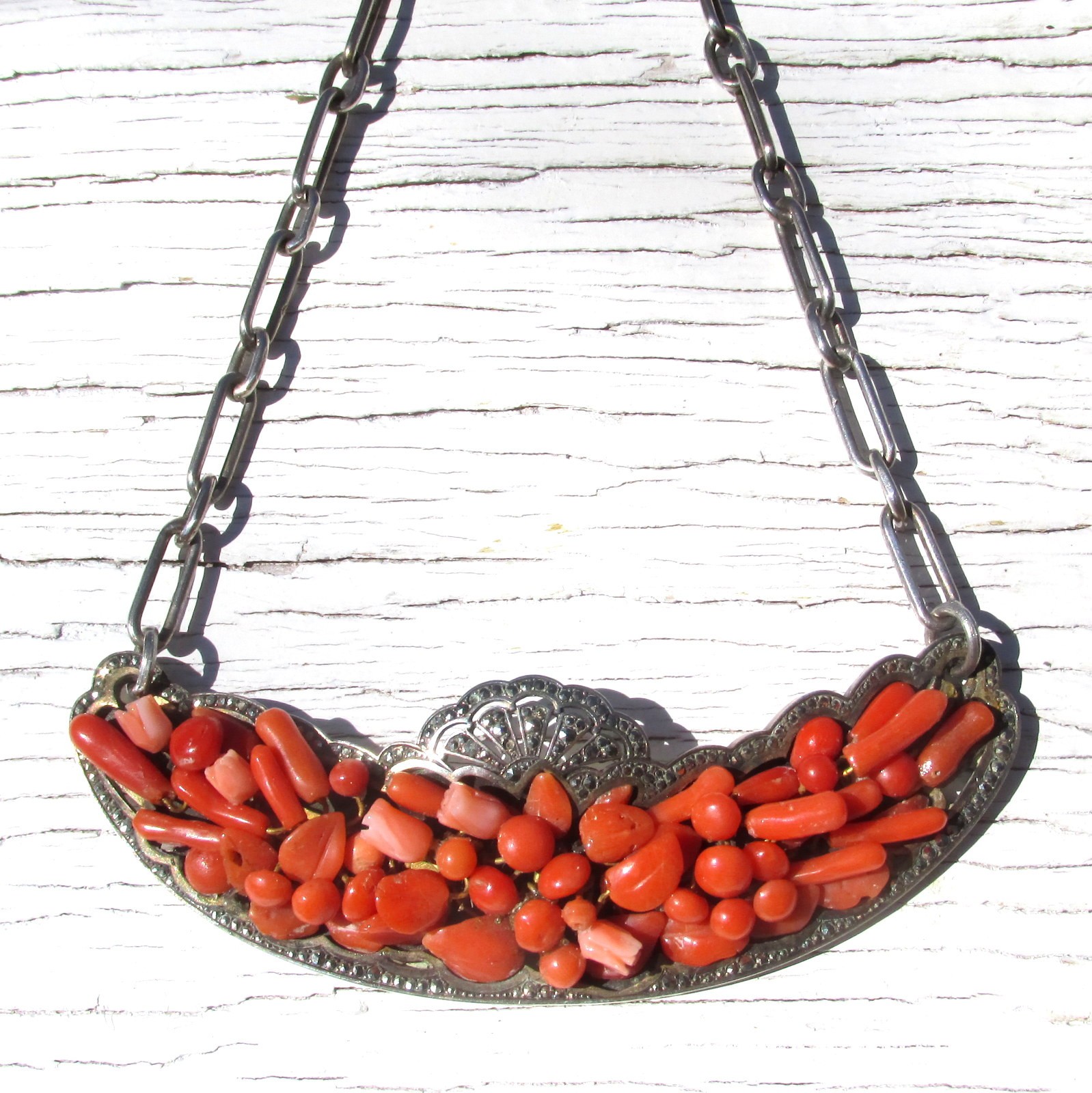 Antique Natural Coral, Marcasite and Sterling Silver Necklace Victorian 1890s