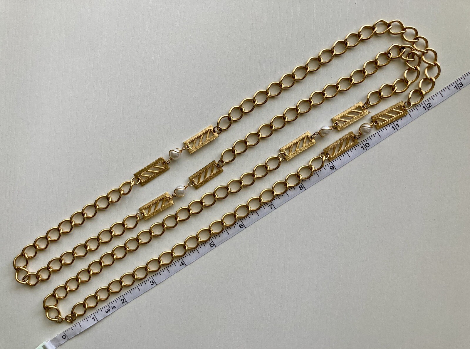 Vintage Gold Tone Bar Faux Pearl Station Oval Link Chain 52 inch Necklace 89.13g