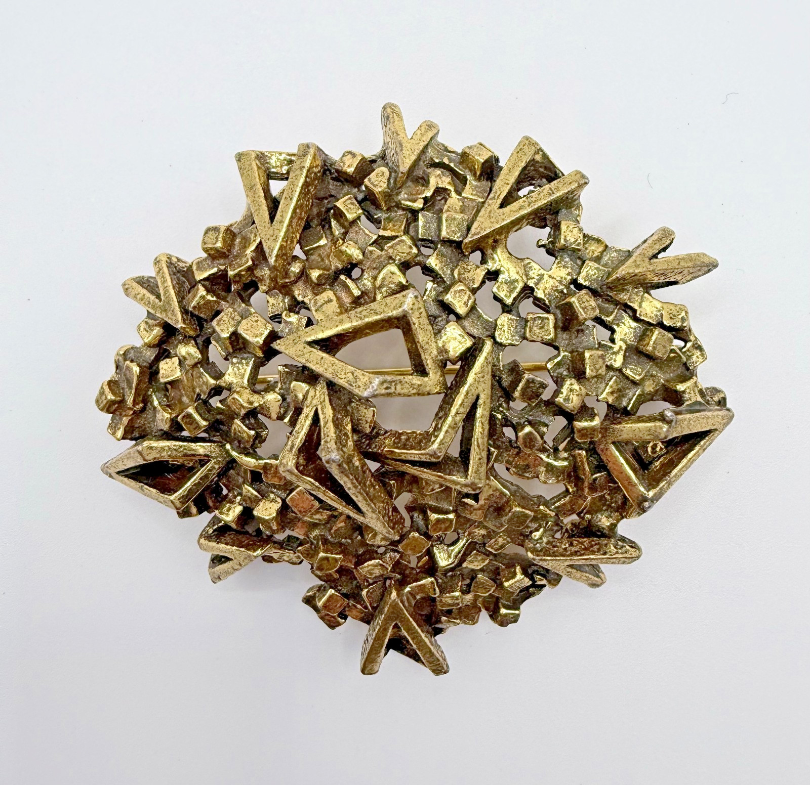 Vintage Rare Zentall Brutalist Brooch Gold Tone Modernist Abstract Signed