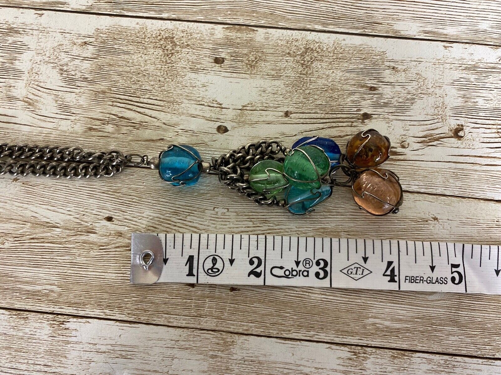 VTG Wire Wrapped Cage Glass Bead Silver Tone Necklace Pastels Pink Green Blue