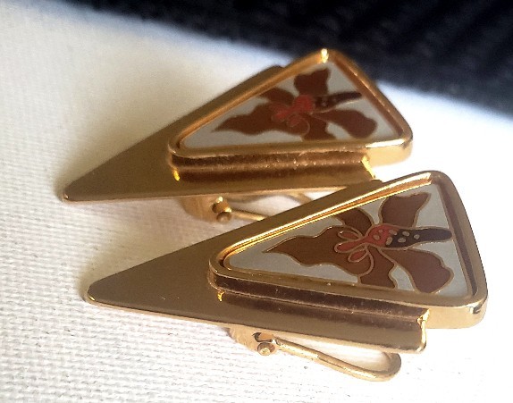 Laurel Burch Cloisonne Orchid Clip On Earrings Enamel 1980’s Retro FREE SHIP