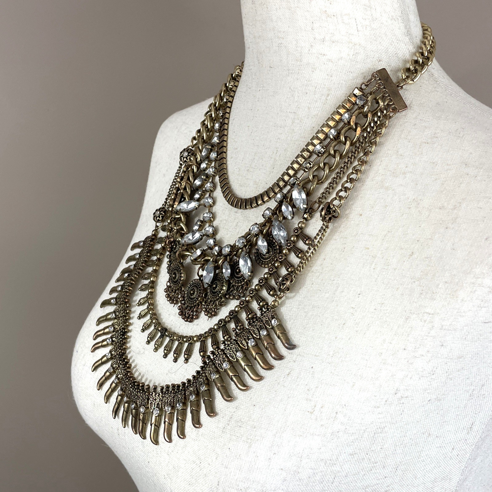 Vintage Egyptian Style Five Strand Bronze-Tone Fringe Layered Necklace 18″