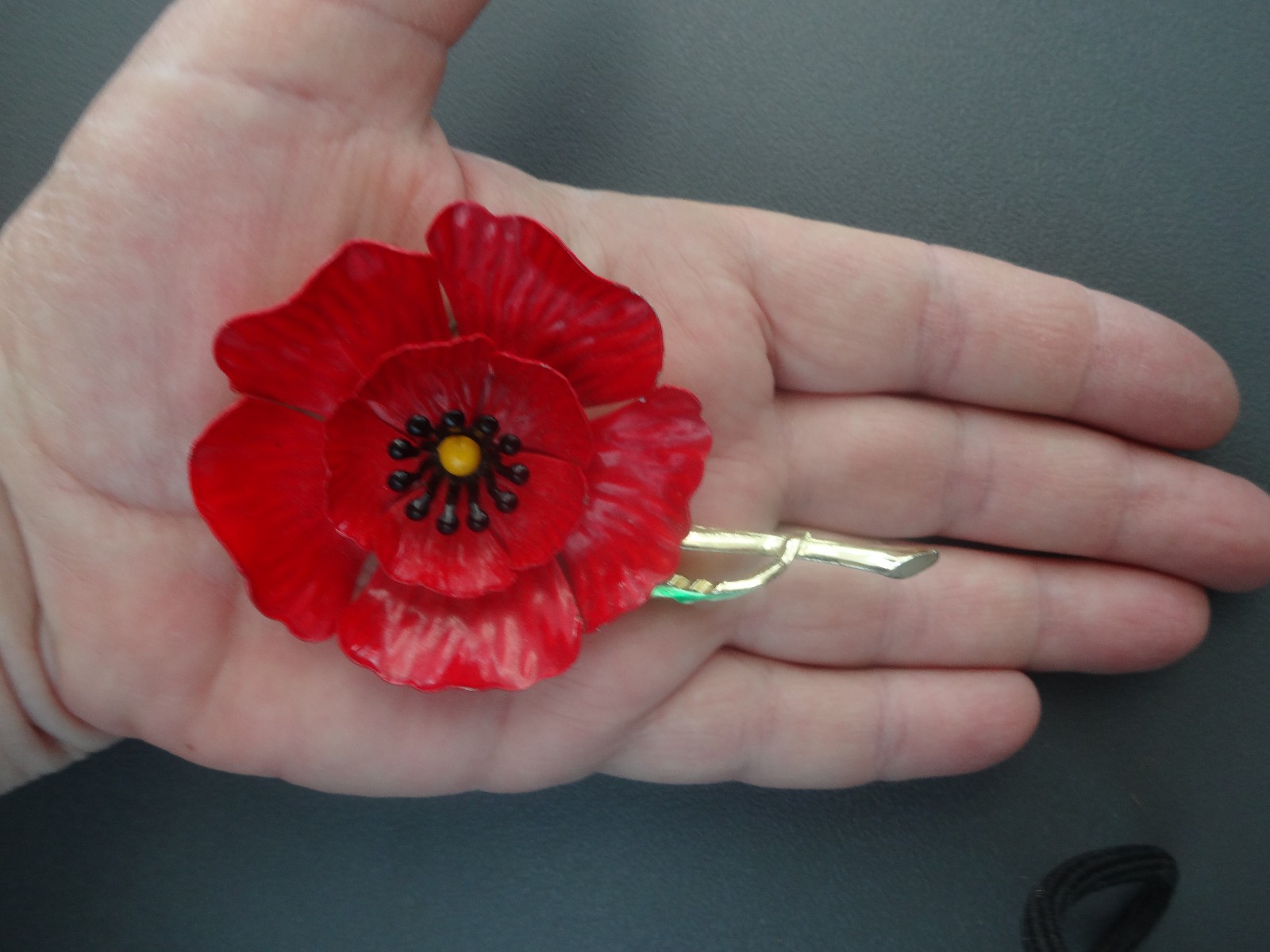 Vintage Enamel Red Poppy Flower Brooch Pin Large Red & Green Extremely Rare