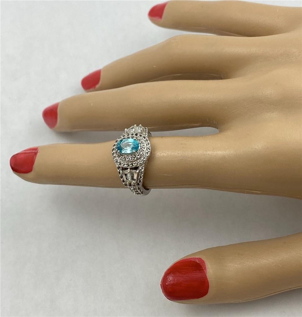 STS 925 Sterling Silver Blue Topaz Clear Baguettes & Diamond Accents Ring Sz.6