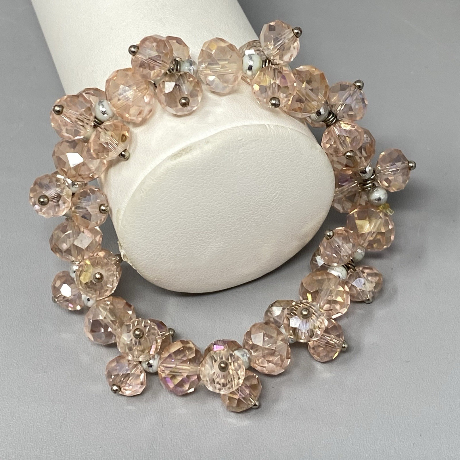 VTG Pink Glass Bead Cluster Bracelet Stretch Fire Polished AB Coated Retro 6.5″