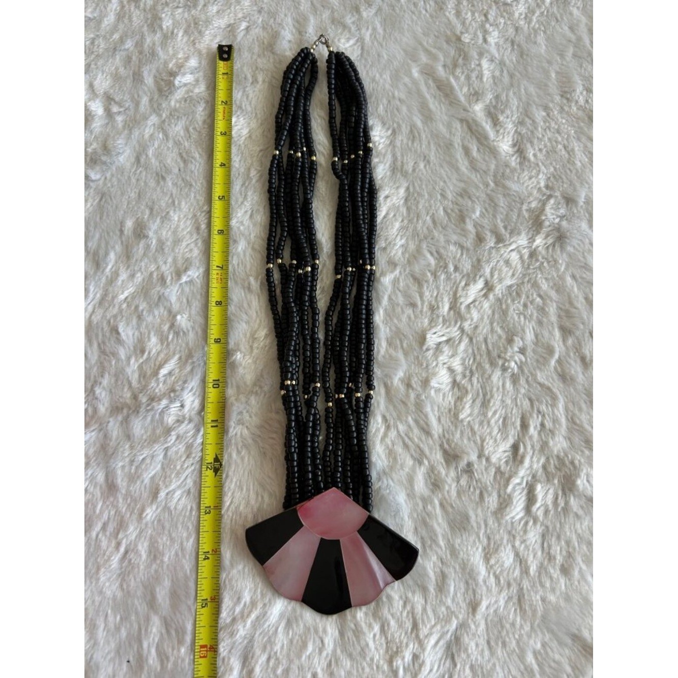 VTG 80’s Beaded Necklace Pink & Black Abalone Shell Fan Pendant Statement Piece