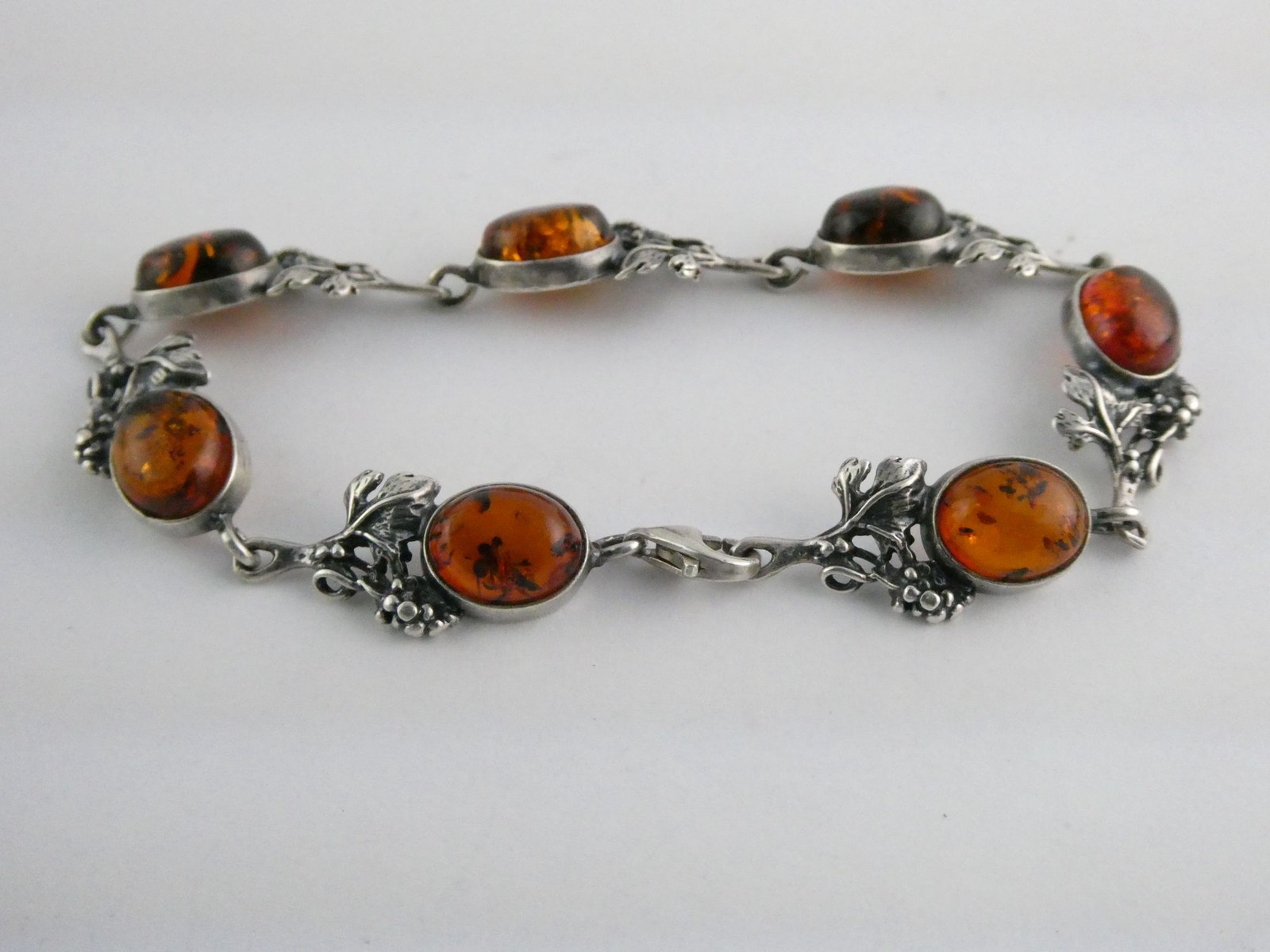 Vintage Sterling Silver Amber Cabochon Grape Vine Link Bracelet 925 7.25In 10.6g