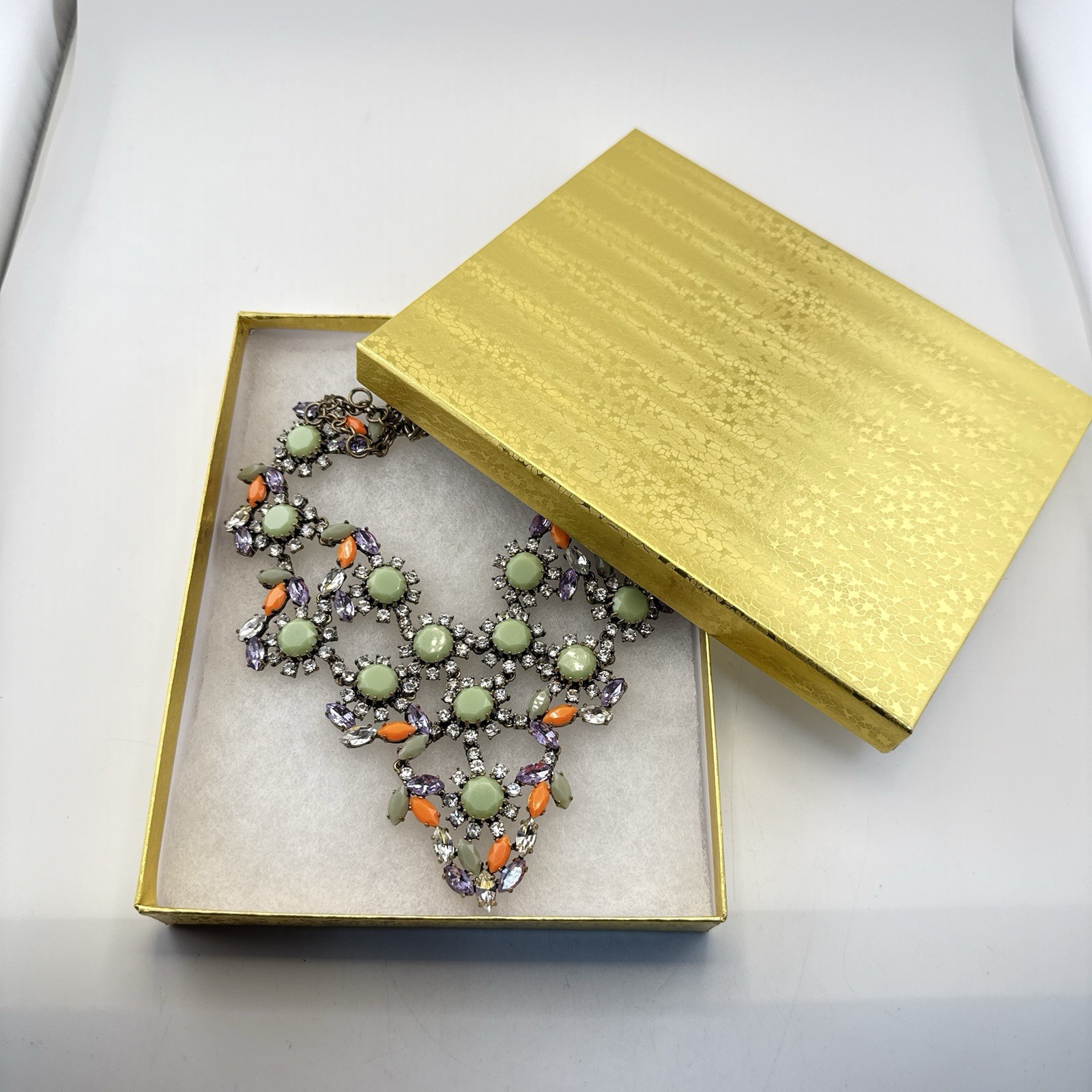 J Crew Necklace Bib Chunky Green Orange Bold Festoon Floral Rhinestone Statement