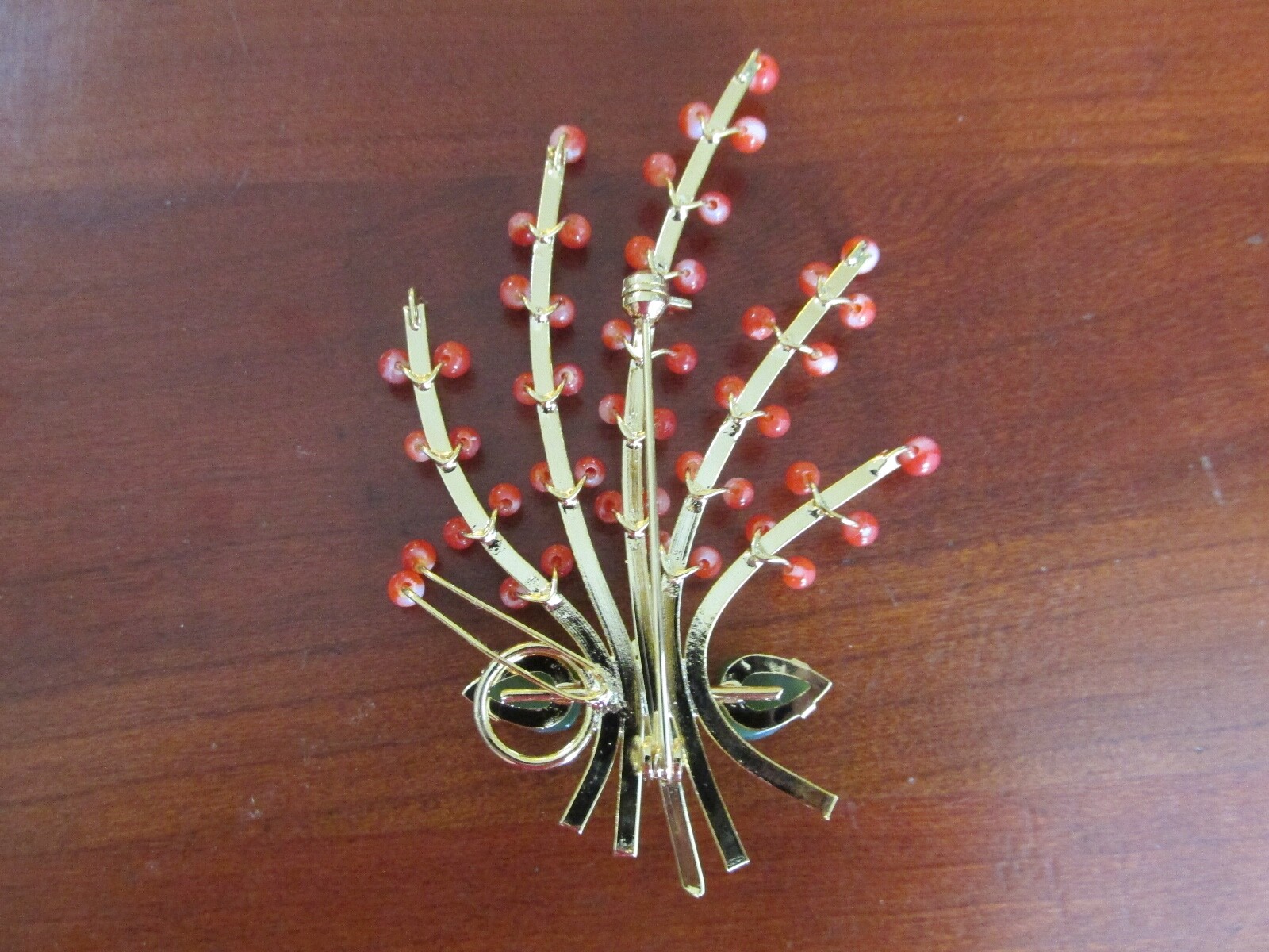 Vintage Genuine Coral Beads on Flower Branch w/ Jade Leaves Pin Brooch