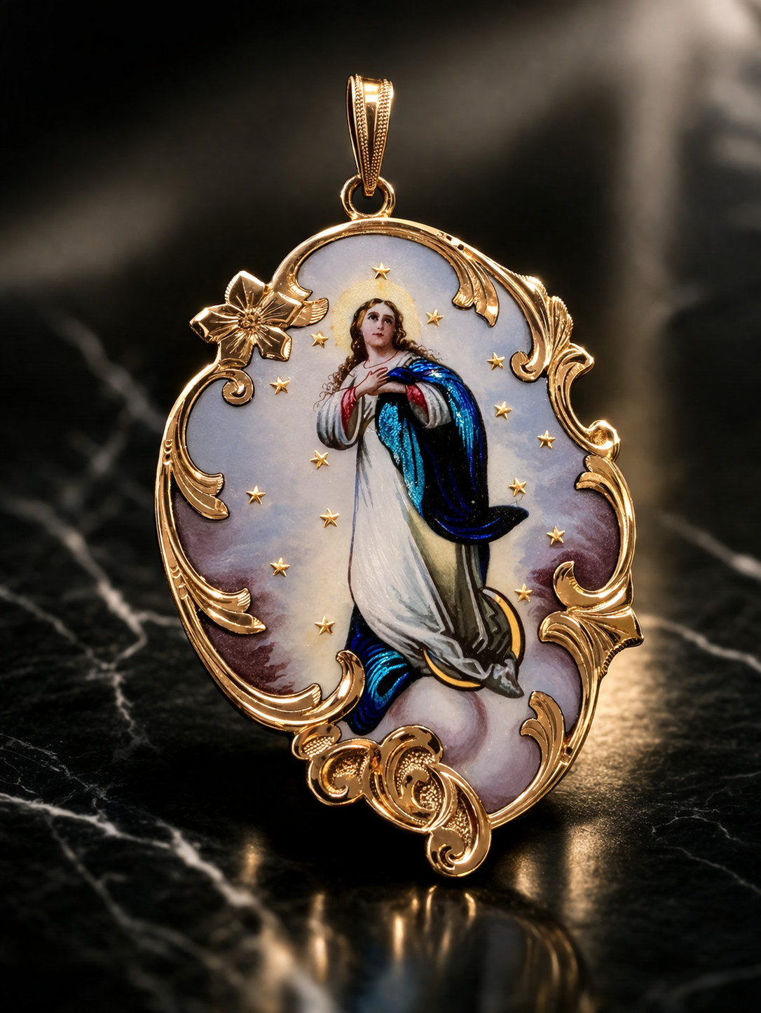 Antique 18K Gold Enamel Virgin Mary Pendant – 19th Century Religious Medal Rare