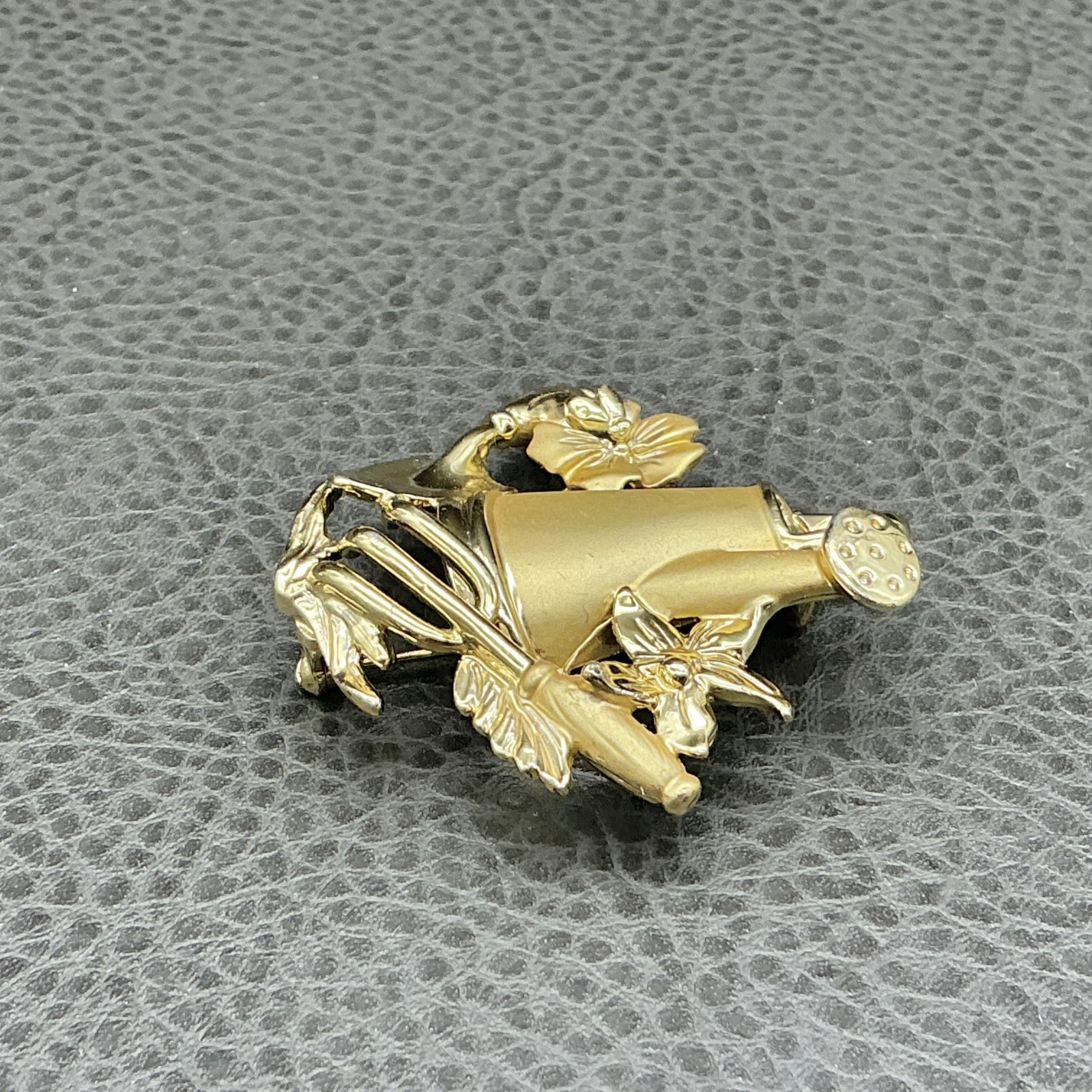 Vintage AJC Brooch Gardening Tools Flowers Watering Can Gold Tone 2 Inch Pin