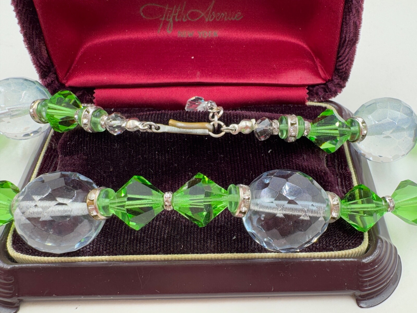 LRG MOONSTONE CLR FACETED CRYSTAL BEADS VIVID GREEN BI CONE ROUNDEL SPC NECKLACE