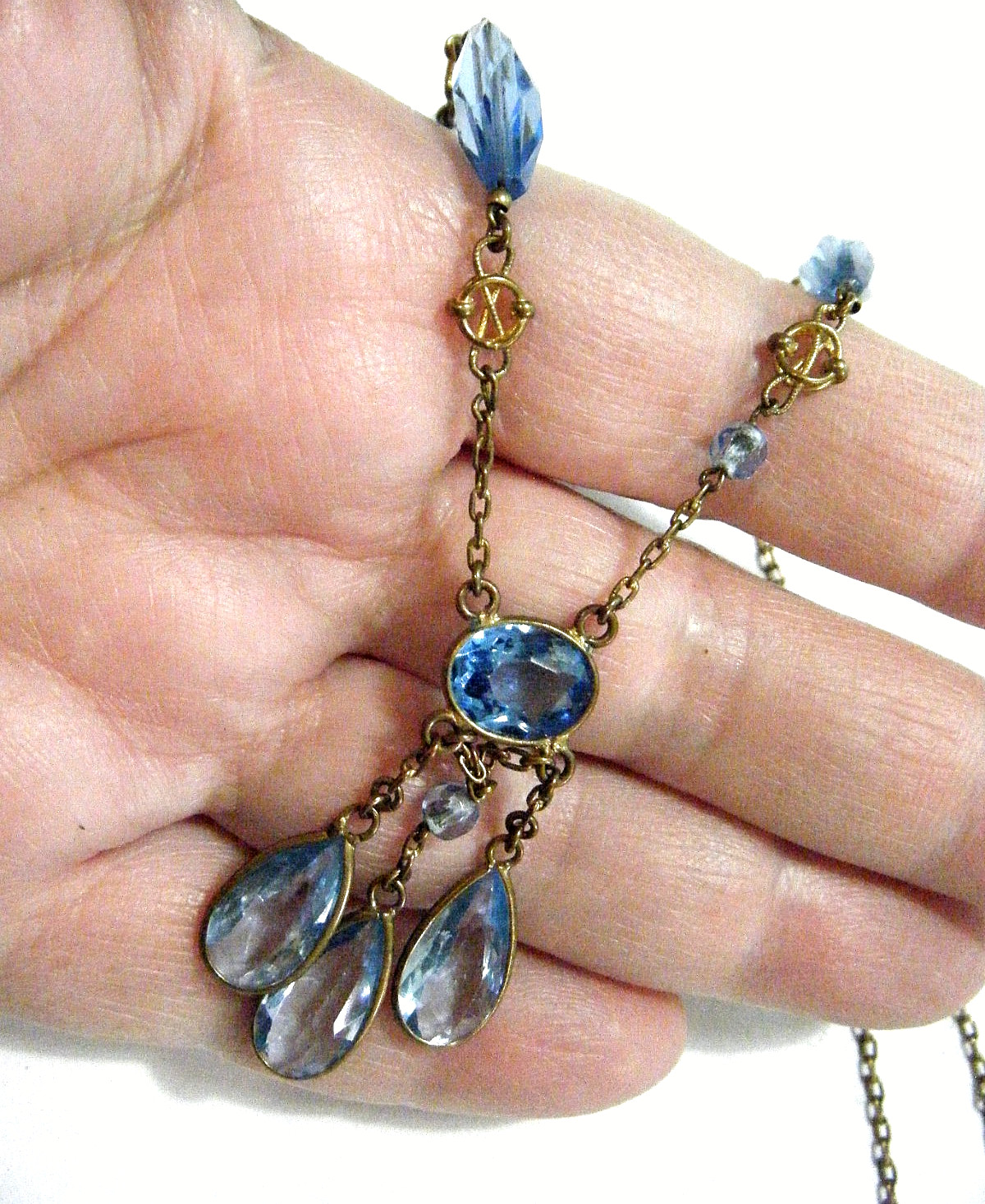 17″ Vintage 40s Czech Aqua Blue Crystal Gold Tone Festoon Lavalier Necklace