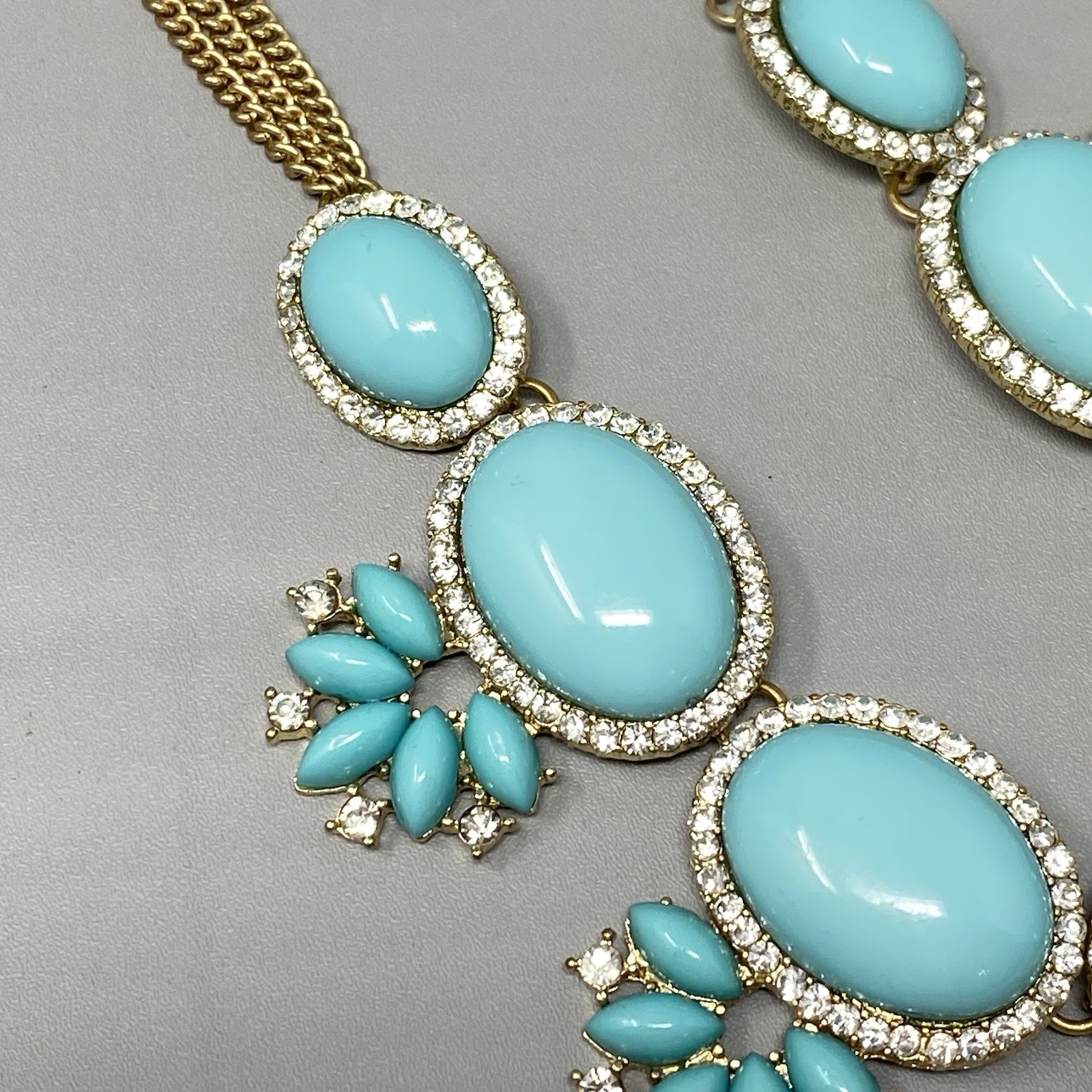 Chunky Statement Necklace Turquoise Cabochons Gold Tone Double Chain Collar 21″