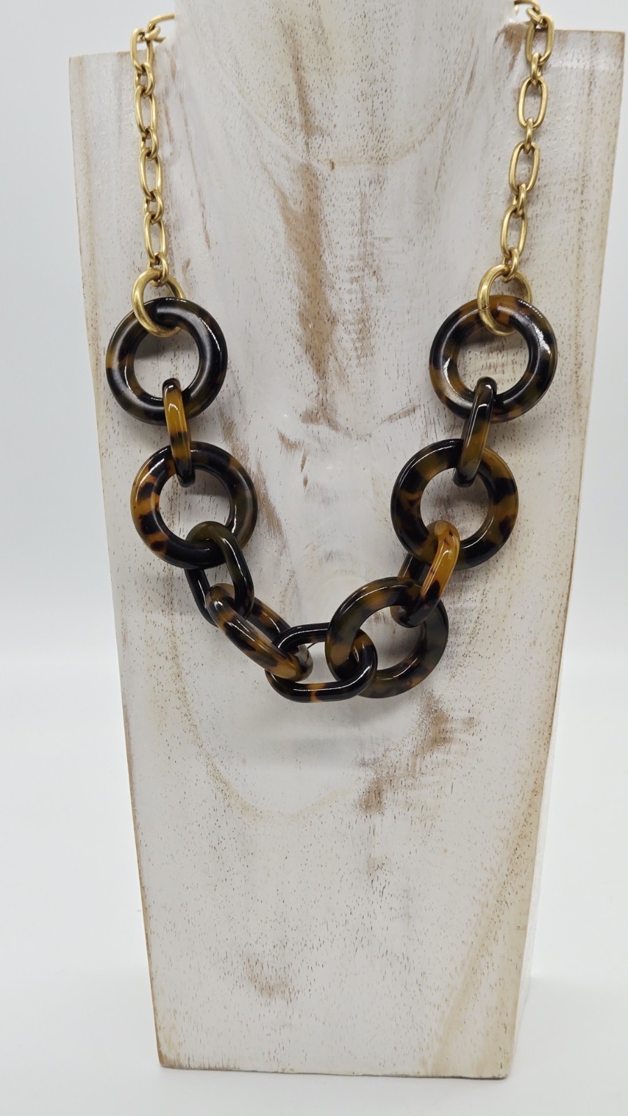 J.Crew Tortoise Shell Necklace Acrylic Chunky Chain Link Rings Gold tone 19 in