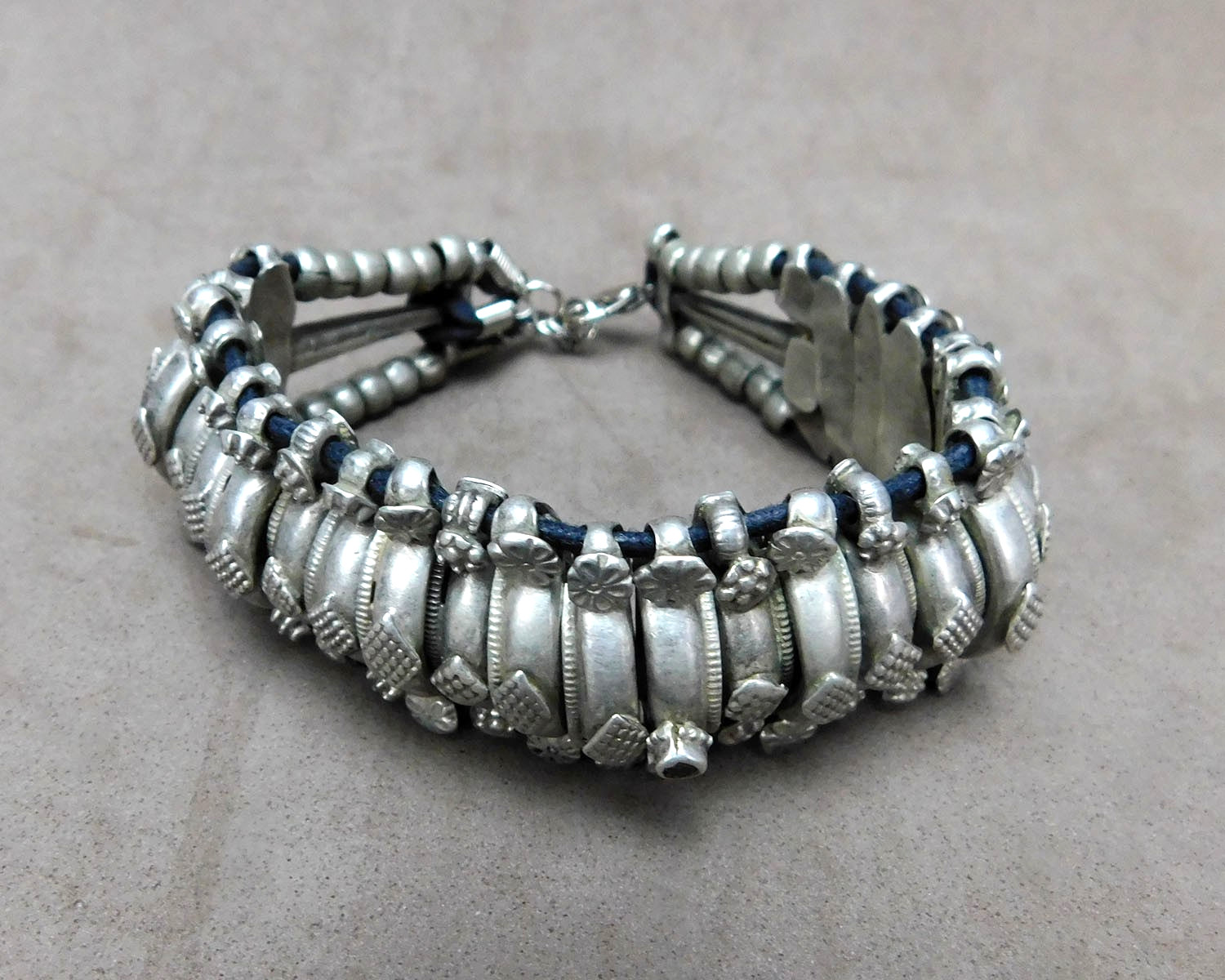Vintage Handmade Segmented Silver Tone Metal Bracelet Small Stone Clean Used