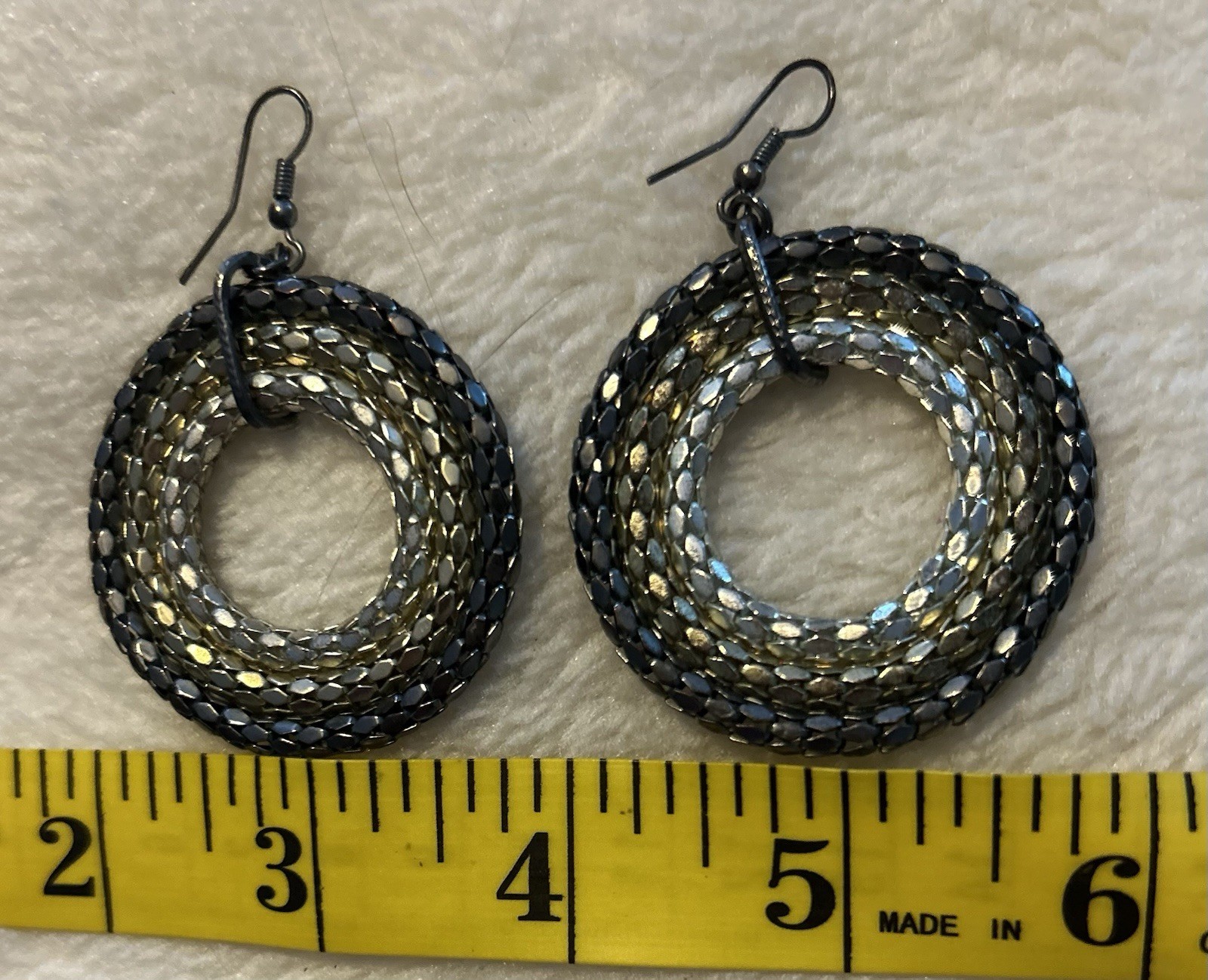 70s Metallic 3 Circle Dangle Statement Earrings- Light/Dark Silver & Gold~ 1-3/4