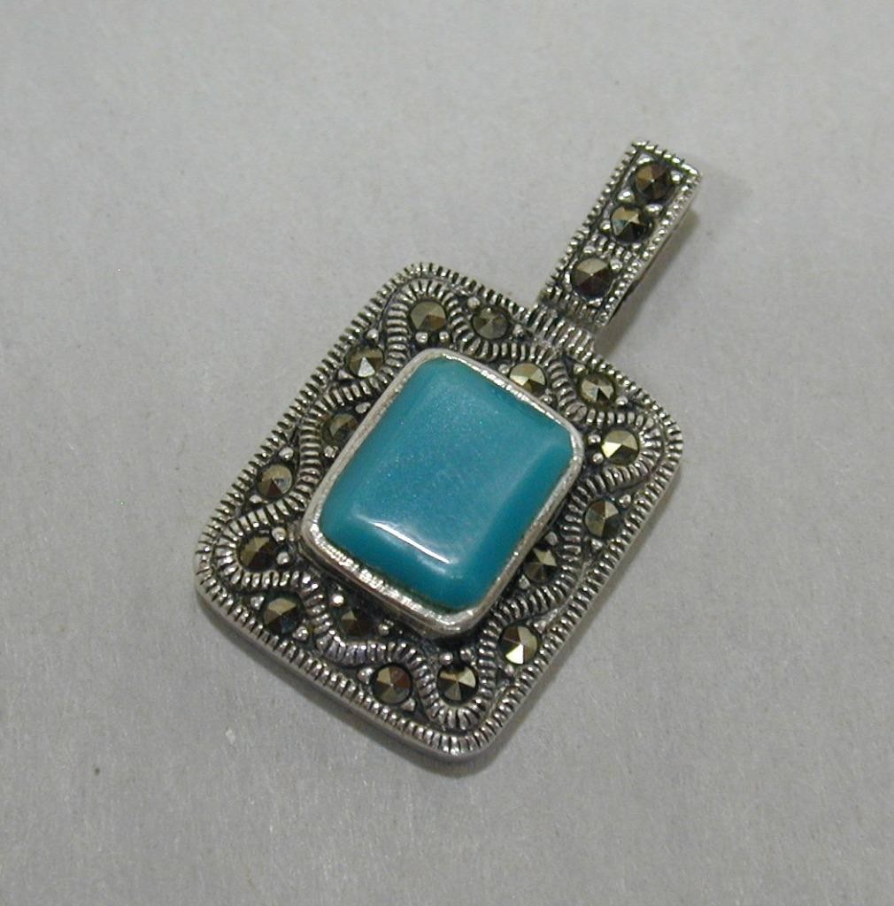 Vintage CW Charles Winston Sterling Turquoise & Marcasite Pendant 925 Silver