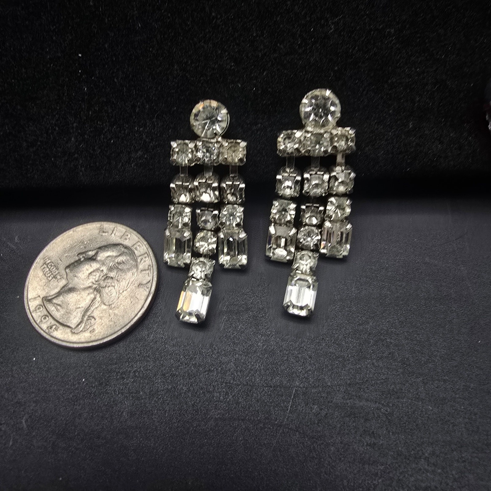 Clear Glass Rhinestone Screw Back Earrings Vintage Glam Costume Jewelry