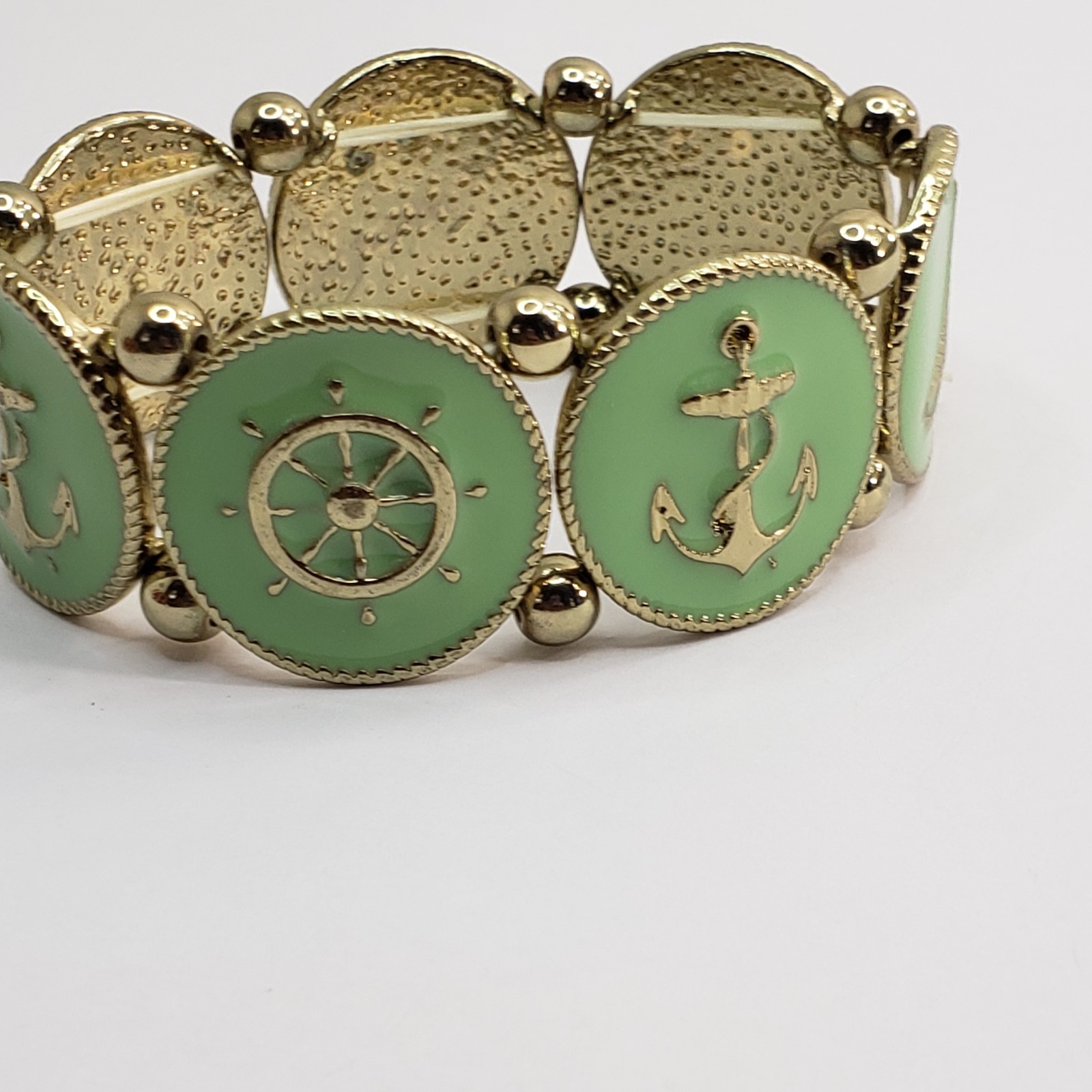 Vintage-style nautical themed Stretch Bracelet mint green enamel finish Goldtone