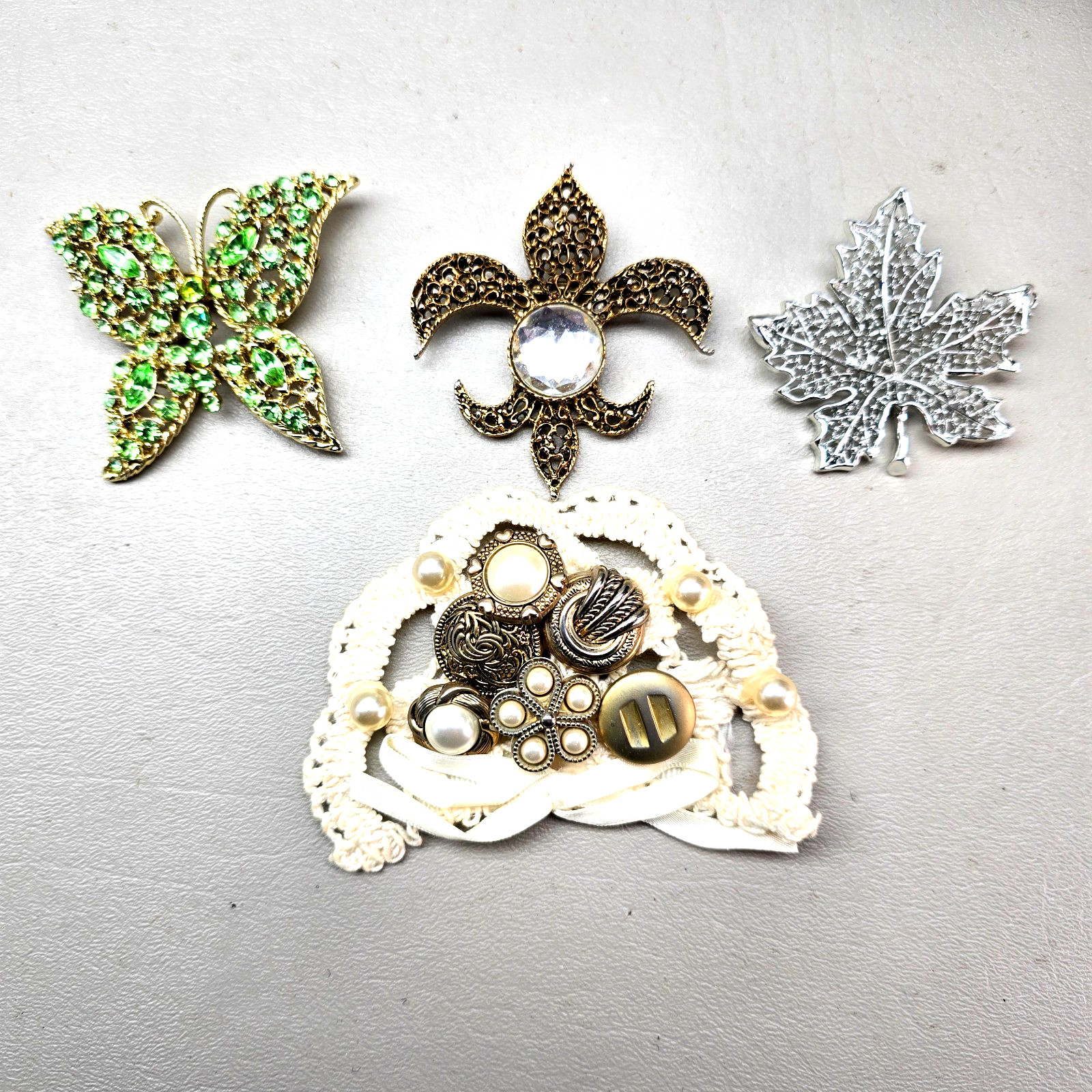 Vintage Rhinestone Brooch Lot Butterfly Leaf Fleur De Lis