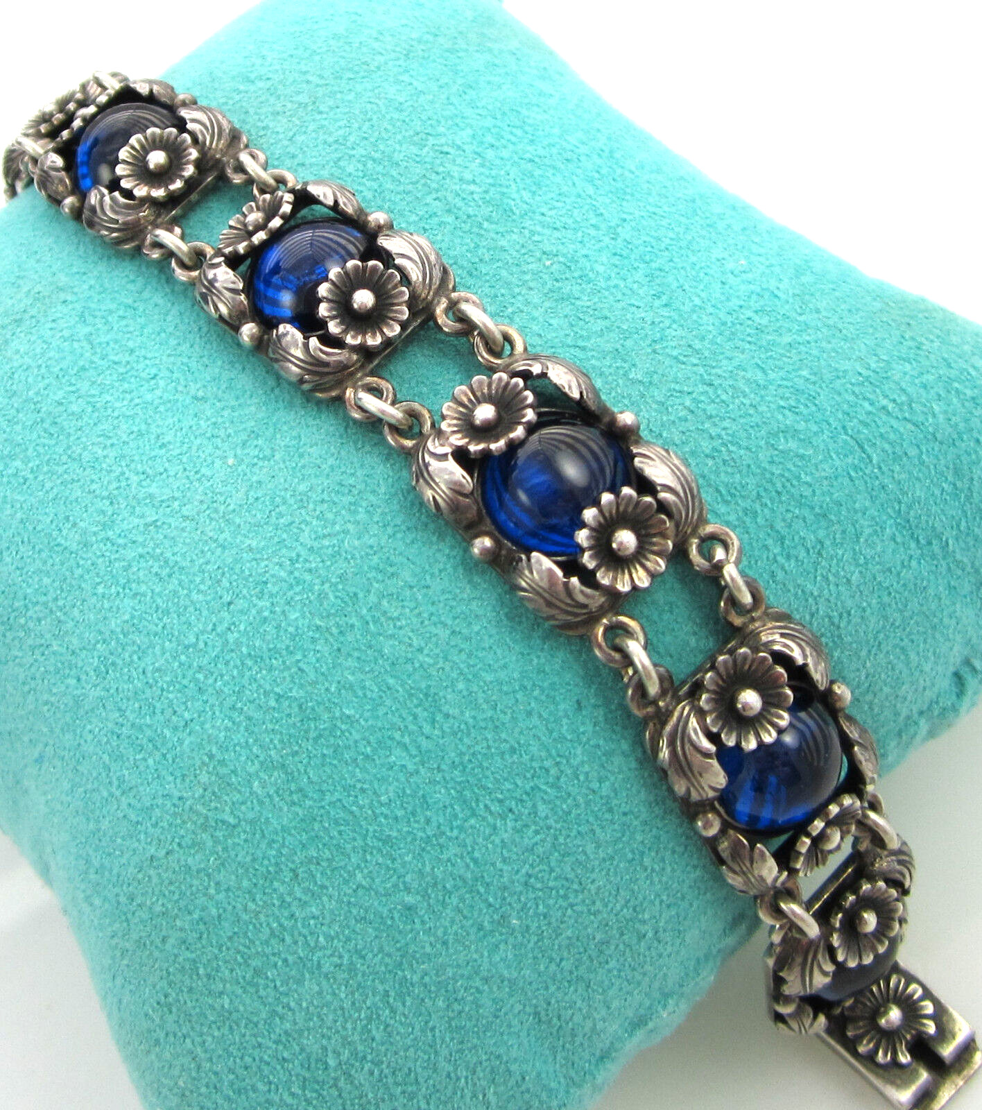 Estate Vintage Sterling Silver Blue Cabachon NIELS ERIK DENMARK Flower Bracelet