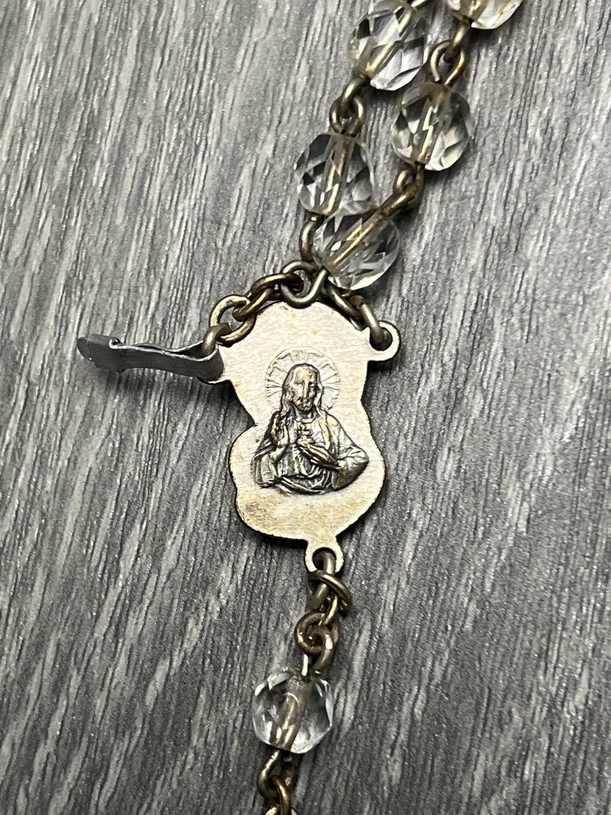 Vintage Catholic Rosary Clear Glass Beads Silver Tone Crucifix Mary Medal