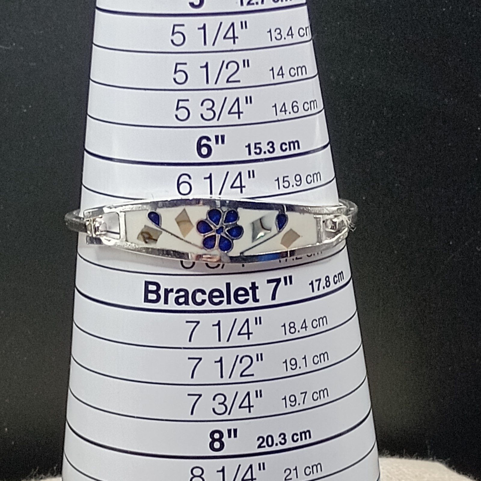 Alpaca Mexico Silver Cuff Bracelet Blue Lapis Abalone Inlay Flower 6.5″ Unworn