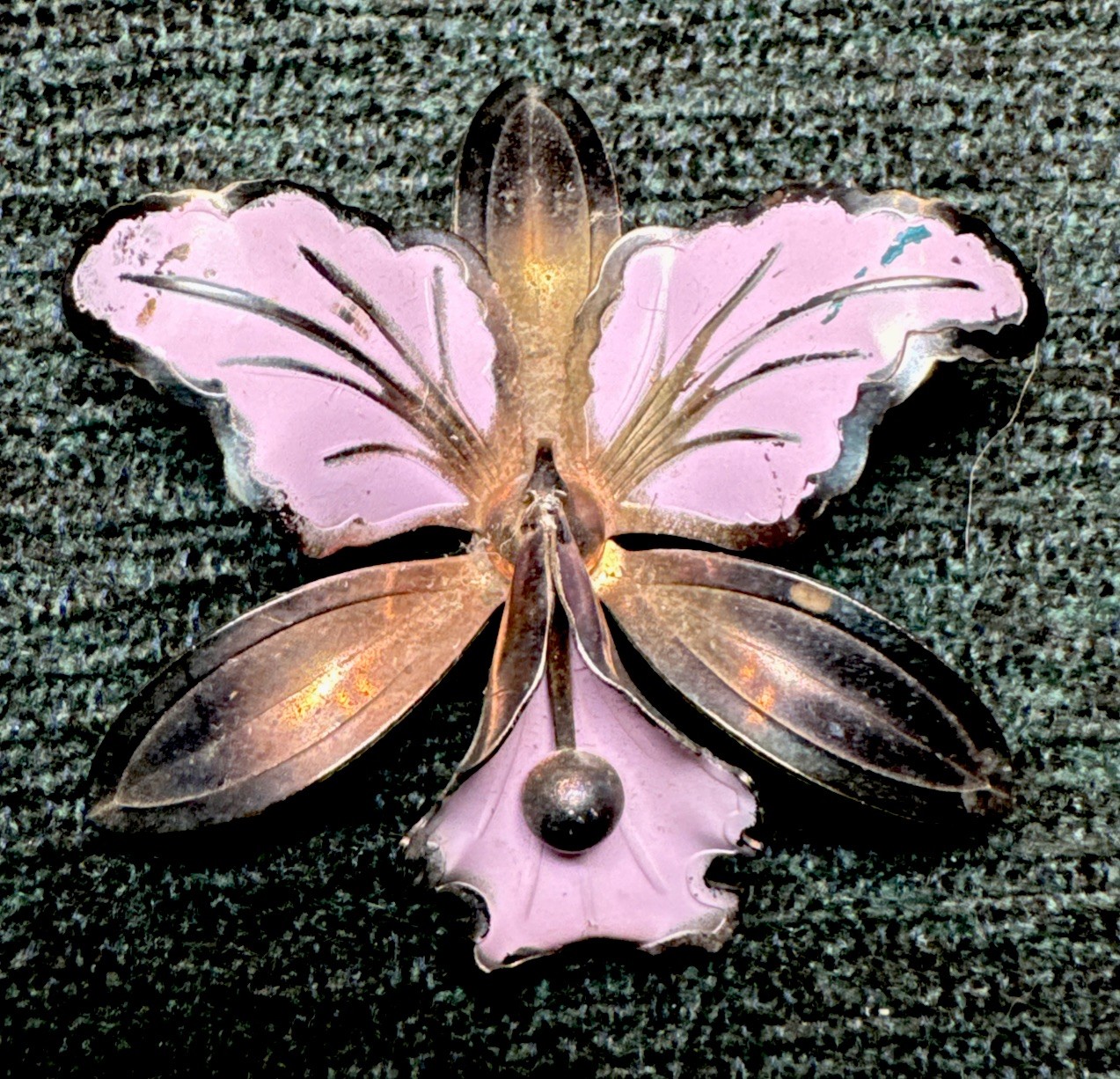 Vintage Purple Enamel Orchid Flower Brooch Gold Tone – Statement Pin